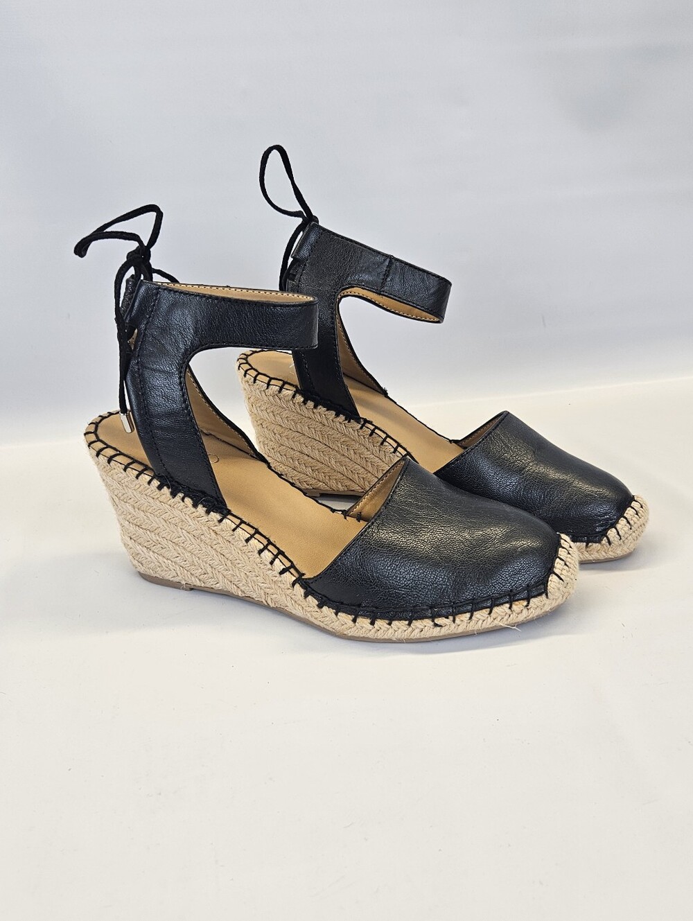 Franco Sarto Black Mariska Leather Espadrille Wedge Sandals Womens Ankle Tie 9